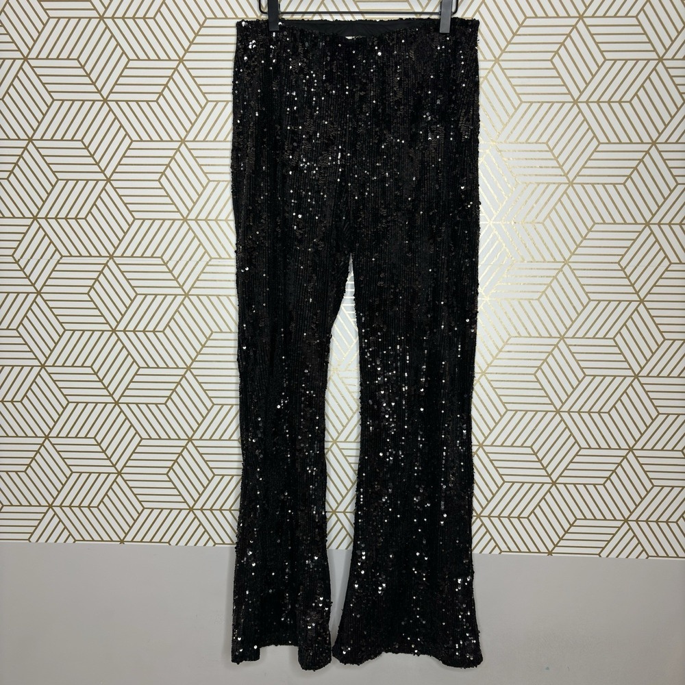 Sequin Pants Black Large Sparkly Glam Party Festival Flare Trousers Concert